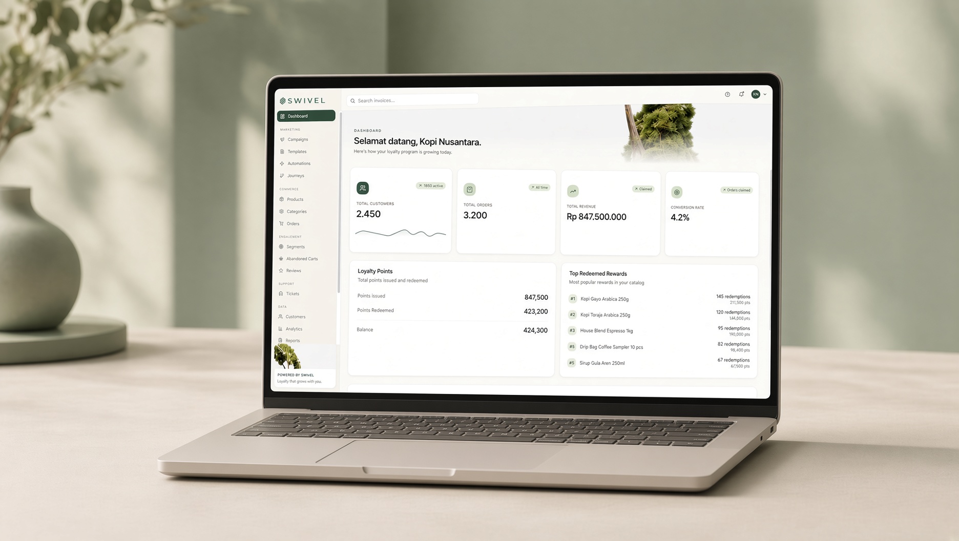 Swivel loyalty dashboard on a laptop, showing total customers, claimed orders, revenue and points issued