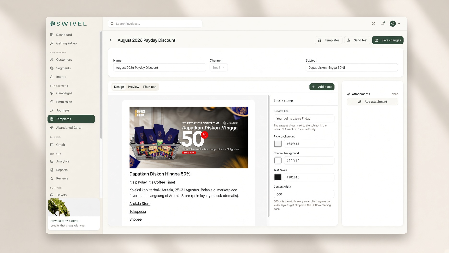 Swivel campaign template editor, composing a payday discount email with preview and settings