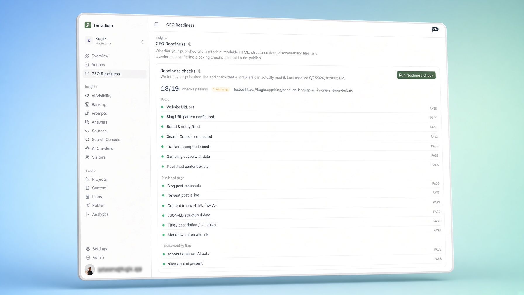 Terradium GEO Readiness checks, 18 of 19 passing on a published site