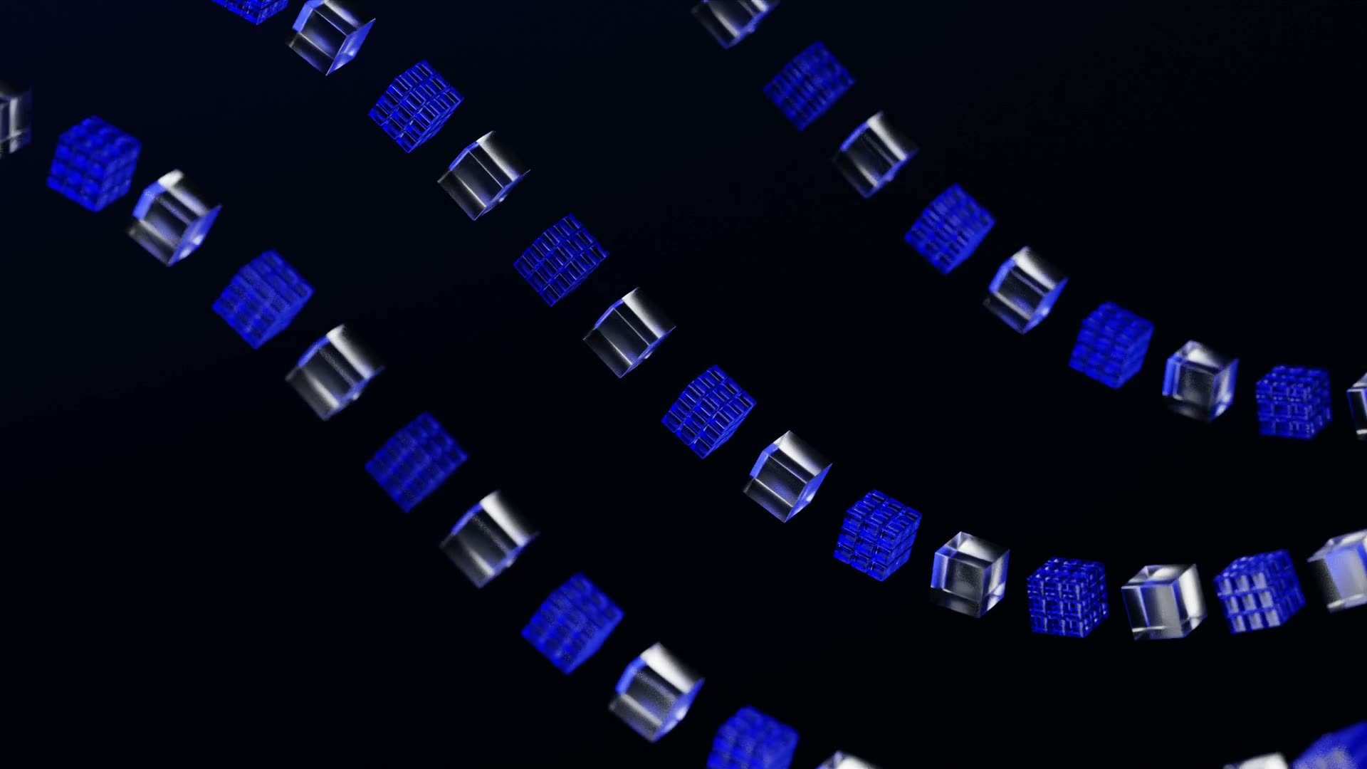 Dense cluster of overlapping glass cubes forming an abstract texture