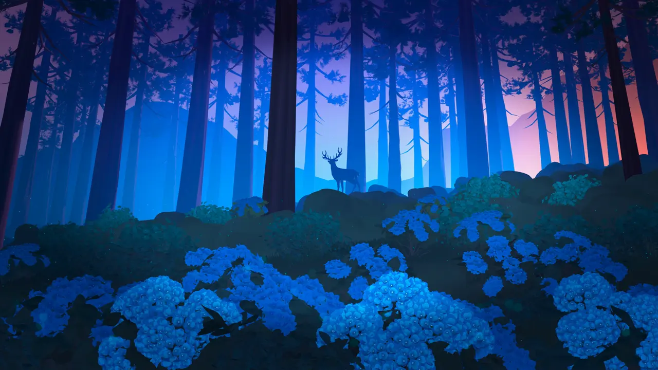 Illustrated pine forest at dusk, a deer standing among blue wildflowers